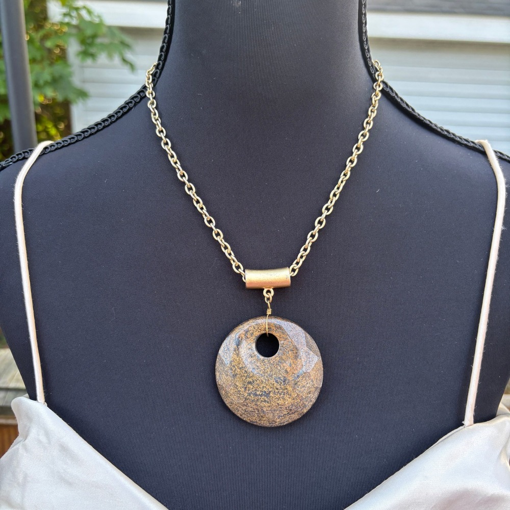 Statement Necklace Gold Tone Chain Brown Donut Circle Pendant Fashion Jewelry‎